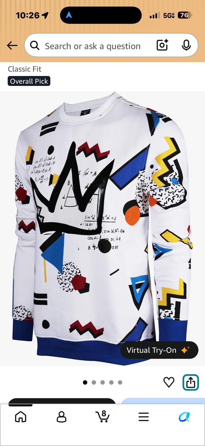 White graphic crewneck with black, blue, yellow and red abstract shapes