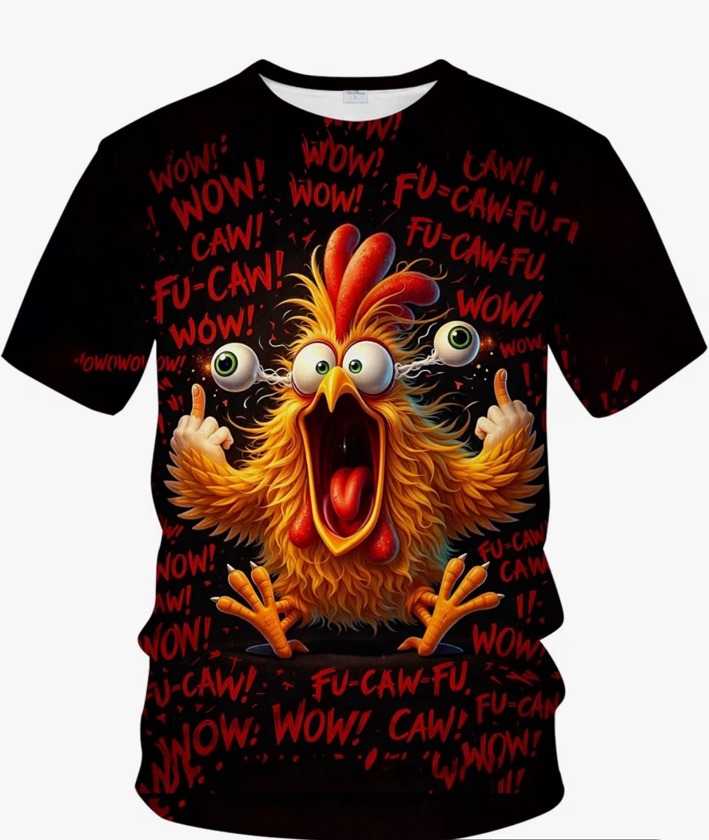 Black Blissboy T-shirt with a yellow cartoon chicken making rude hand gestures and bold red lettering