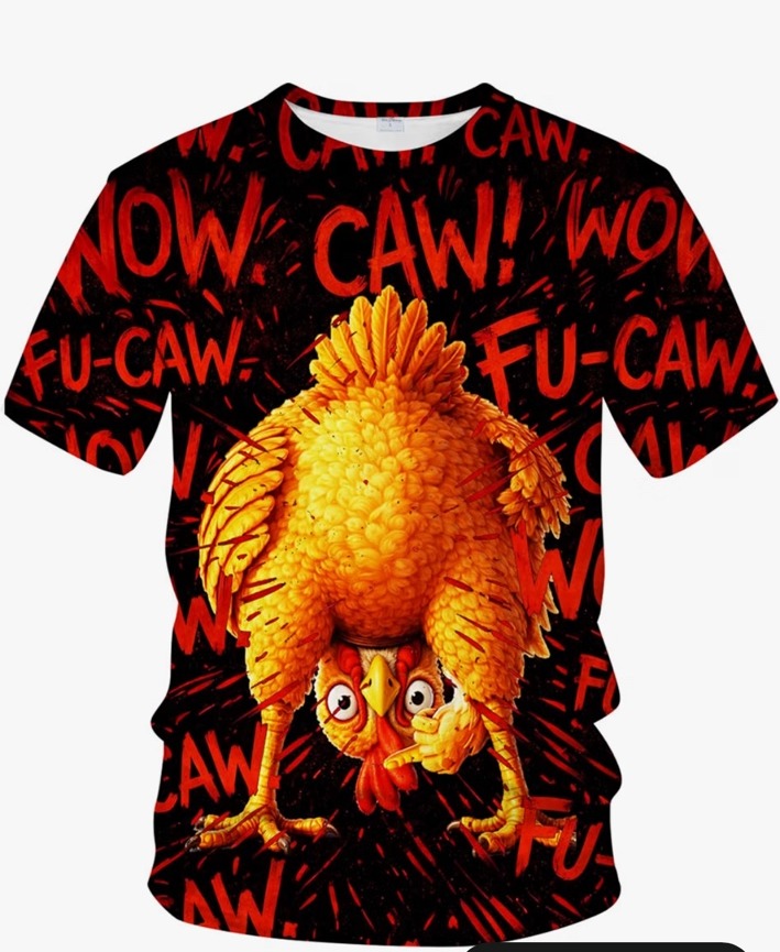 Black and red Blissboy graphic T-shirt with a yellow cartoon chicken and FU-CAW lettering
