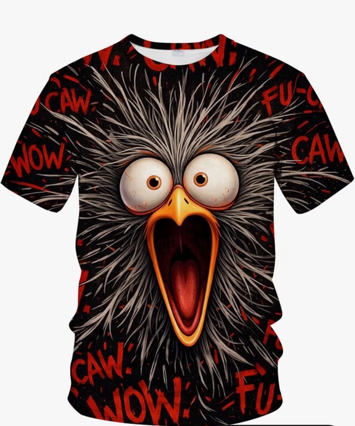 Black and red Blissboy T-shirt with a wide-eyed wild-haired chicken and FU-CAW lettering