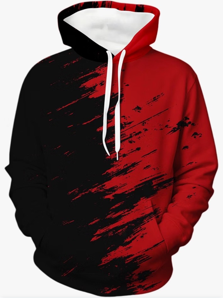 Chaos World red and black pullover hoodie with brushstroke graphics and white drawstrings