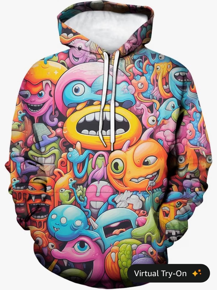 Pullover hoodie covered in colorful cartoon graffiti faces with white drawstrings
