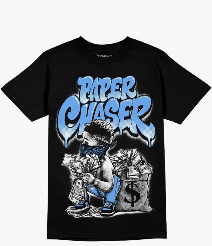 Black DopeSkill Paper Chaser T-shirt with blue lettering and a cartoon character holding money beside a money bag