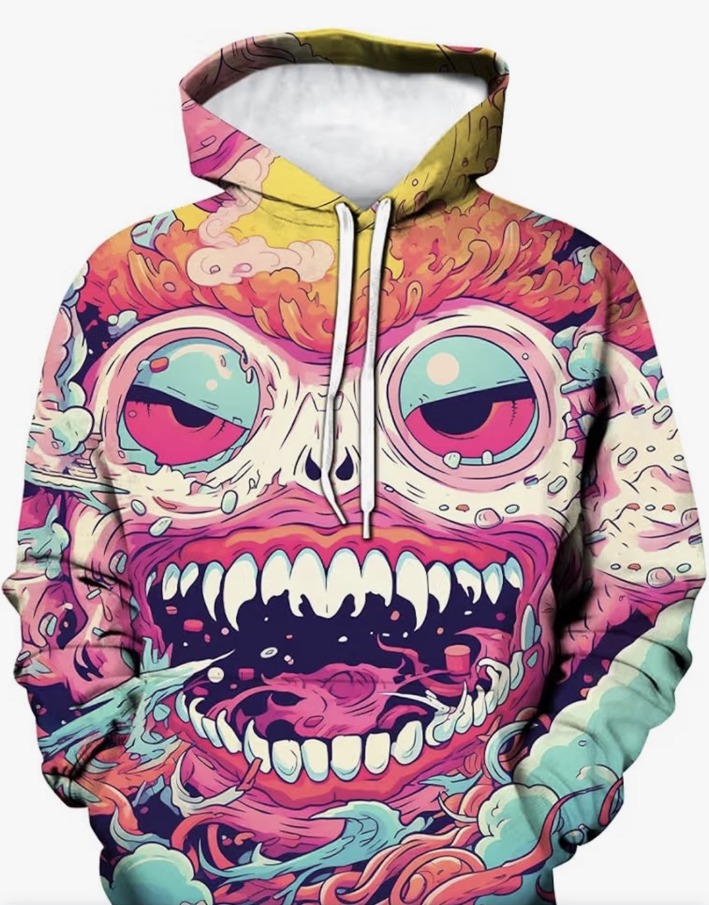 Girren graffiti hoodie with a large cartoon monster face in pink mint yellow and dark blue