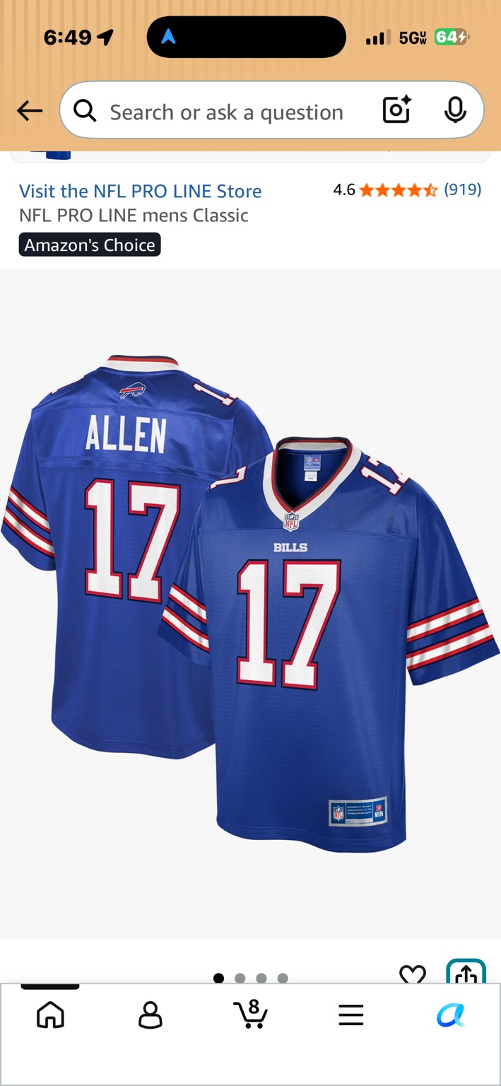 Front and back views of blue NFL PRO LINE Josh Allen Buffalo Bills jersey with number 17 and red and white sleeve stripes