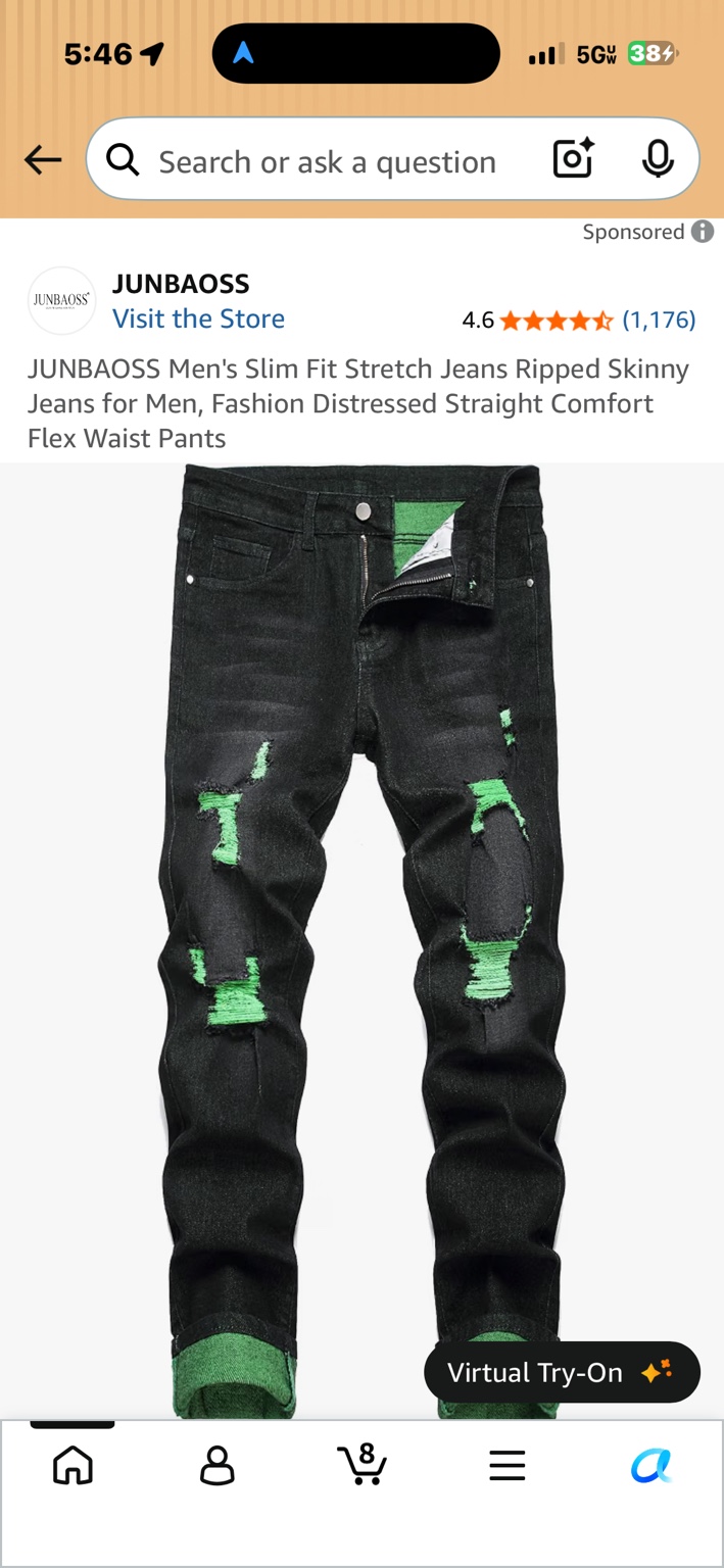 Black JUNBAOSS slim-fit distressed jeans with bright green details beneath the rips and green cuffs