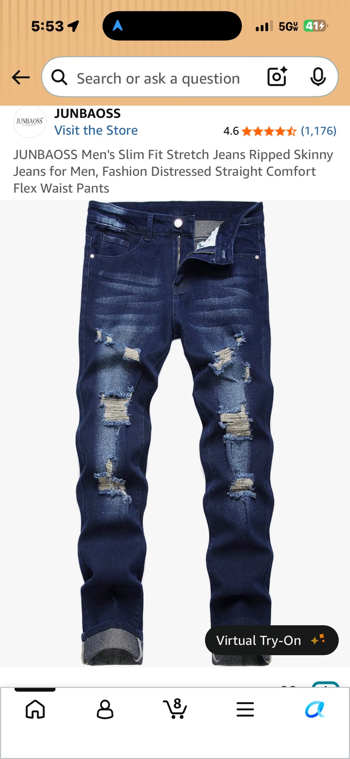 Dark-blue JUNBAOSS slim-fit jeans with faded denim, distressed rips and turned-up cuffs