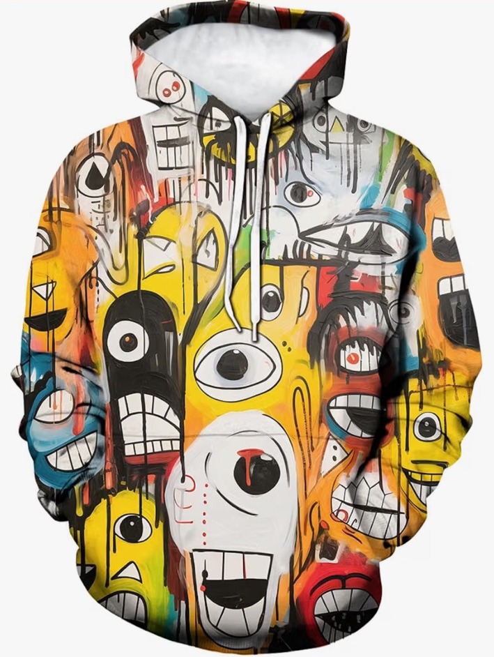 Yellow orange white and black graffiti hoodie with abstract eyes and cartoon faces