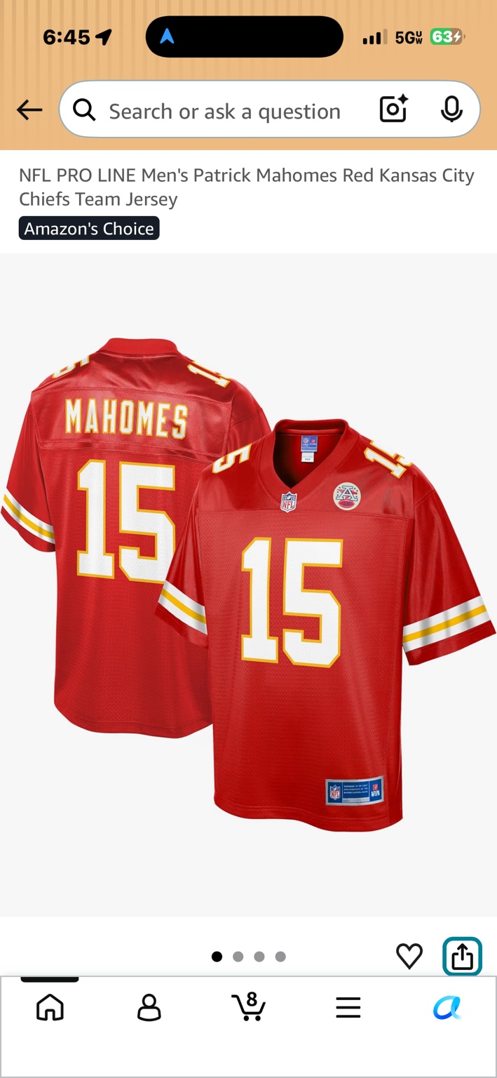 Front and back views of red NFL PRO LINE Patrick Mahomes Kansas City Chiefs jersey with number 15 and white and gold sleeve stripes