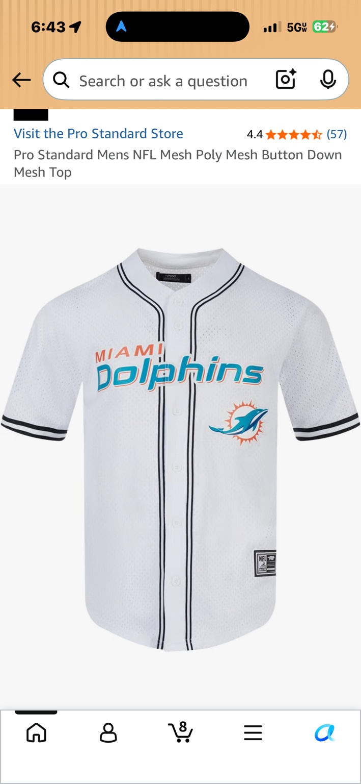 White Pro Standard Miami Dolphins mesh button-down top with black piping, aqua and orange team lettering, and Dolphins logo
