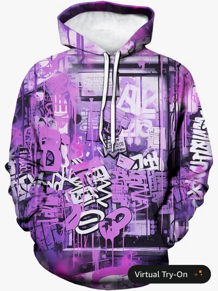 Purple black and white graffiti-print pullover hoodie with white drawstrings
