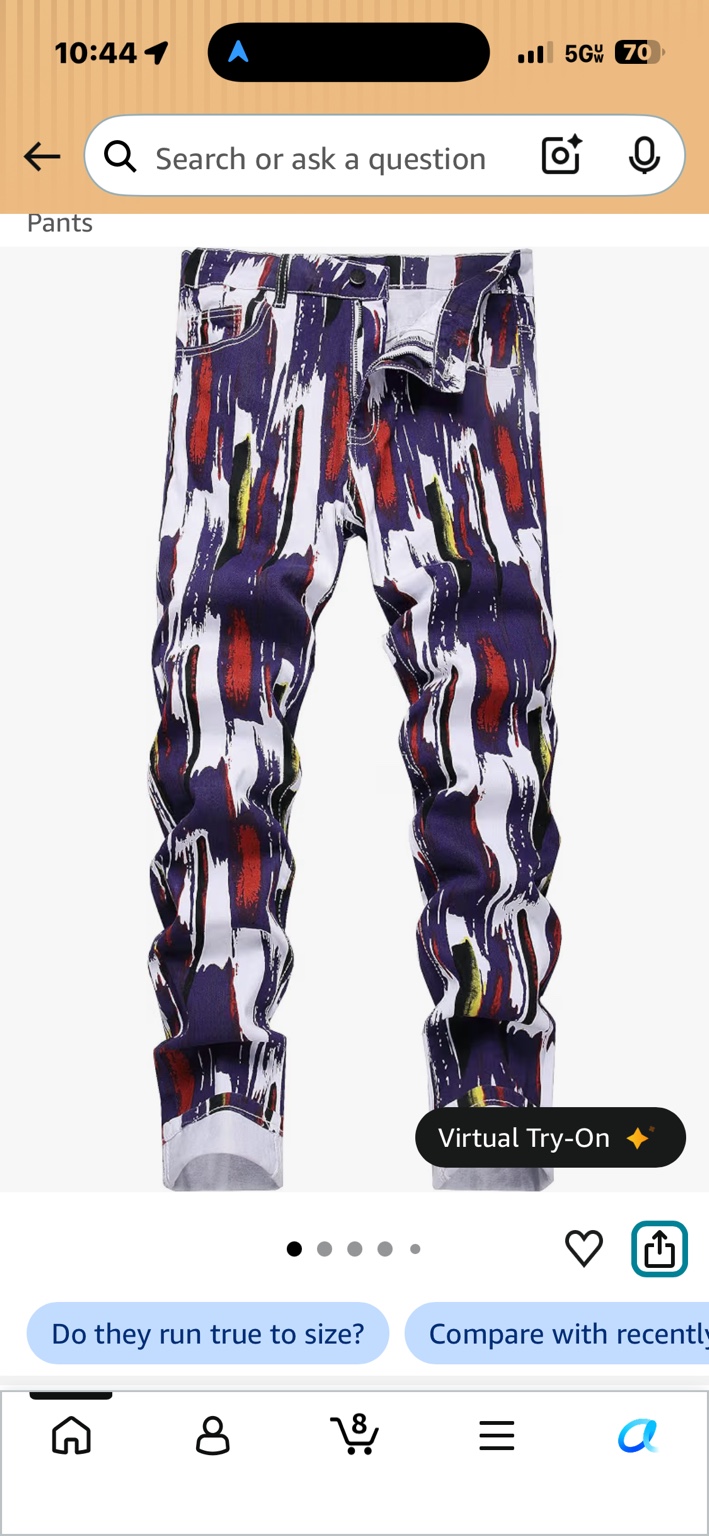 Purple and white printed jeans with red and yellow brushstroke accents