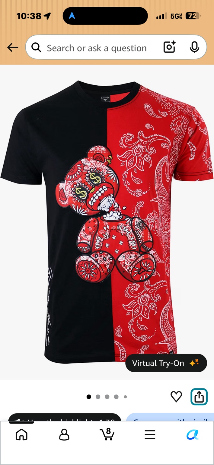 Red and black SCREENSHOT T-shirt with paisley print and cartoon bear graphic