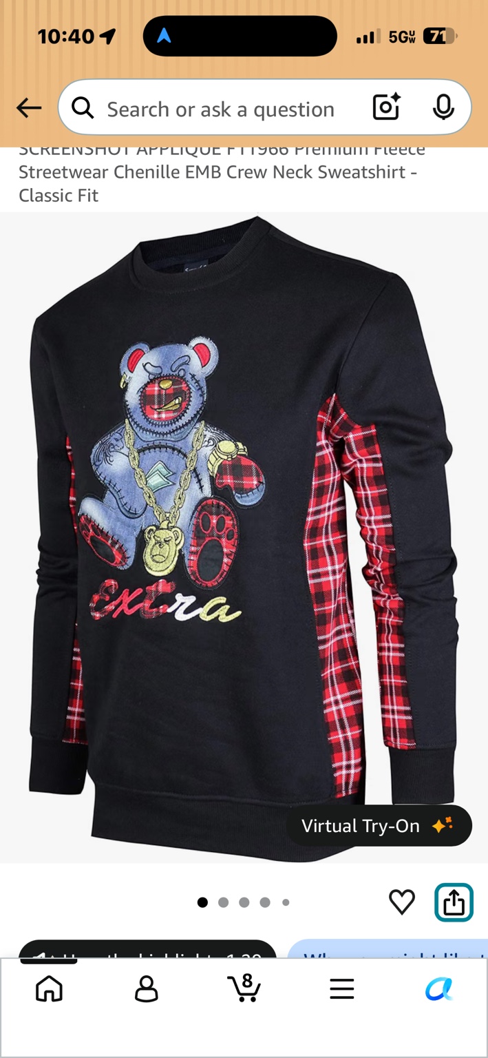 Black SCREENSHOT crewneck with embroidered bear design and red plaid side panels
