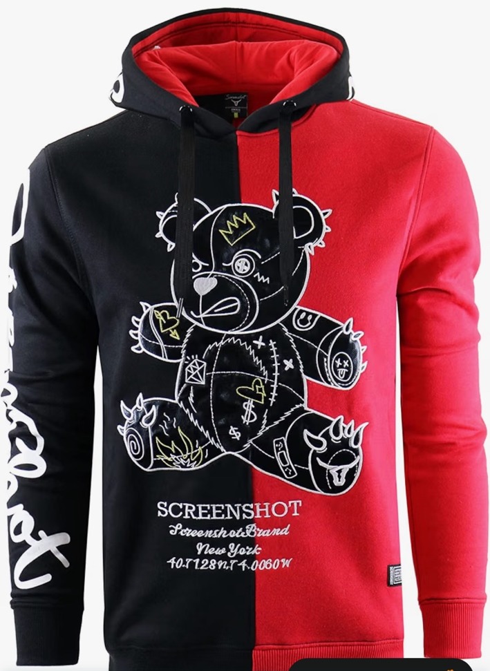 Red and black split-color SCREENSHOT hoodie with a black cartoon bear graphic and sleeve lettering
