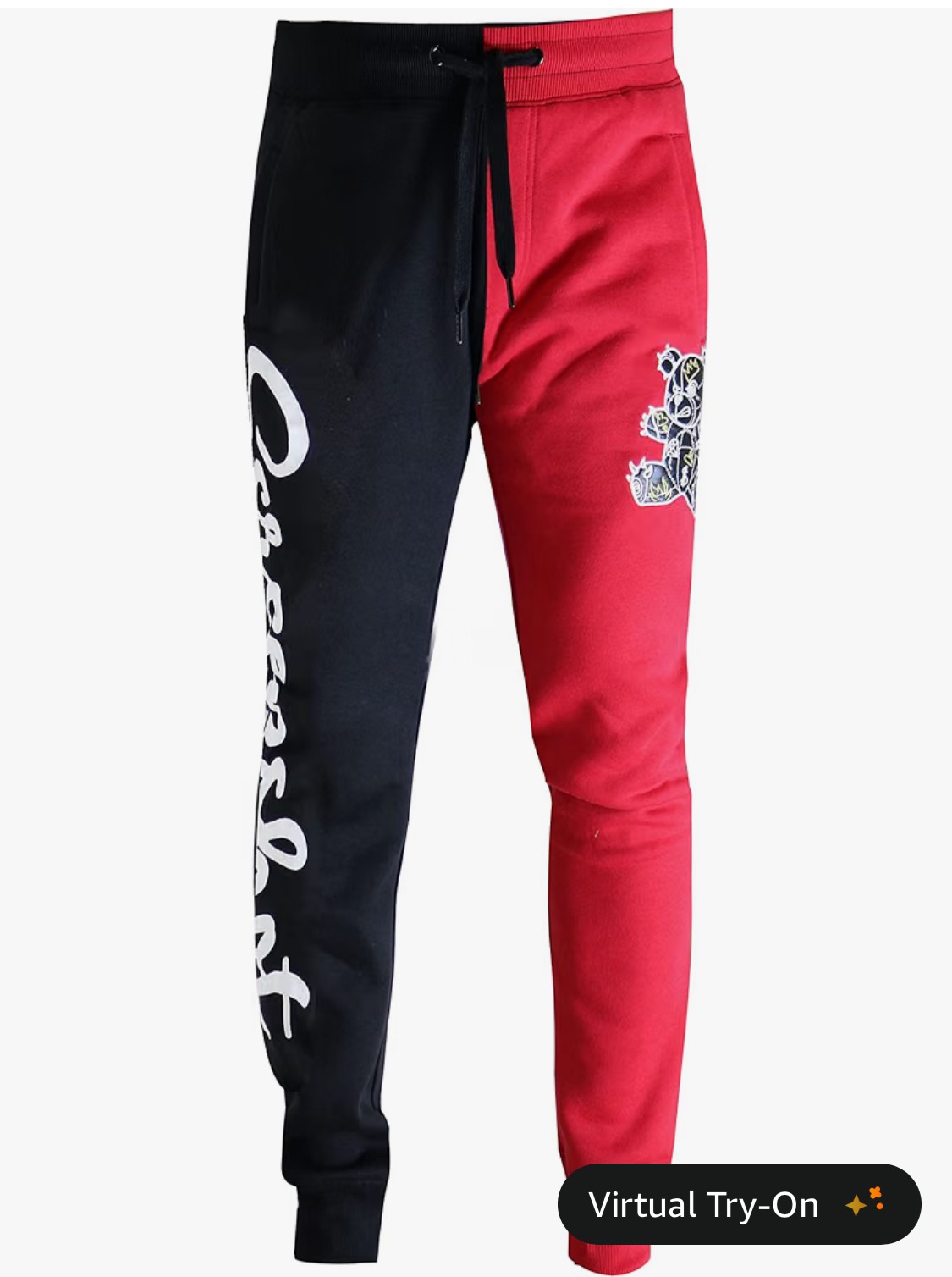 SCREENSHOT red and black split-color fleece joggers with bear graphic and white side lettering