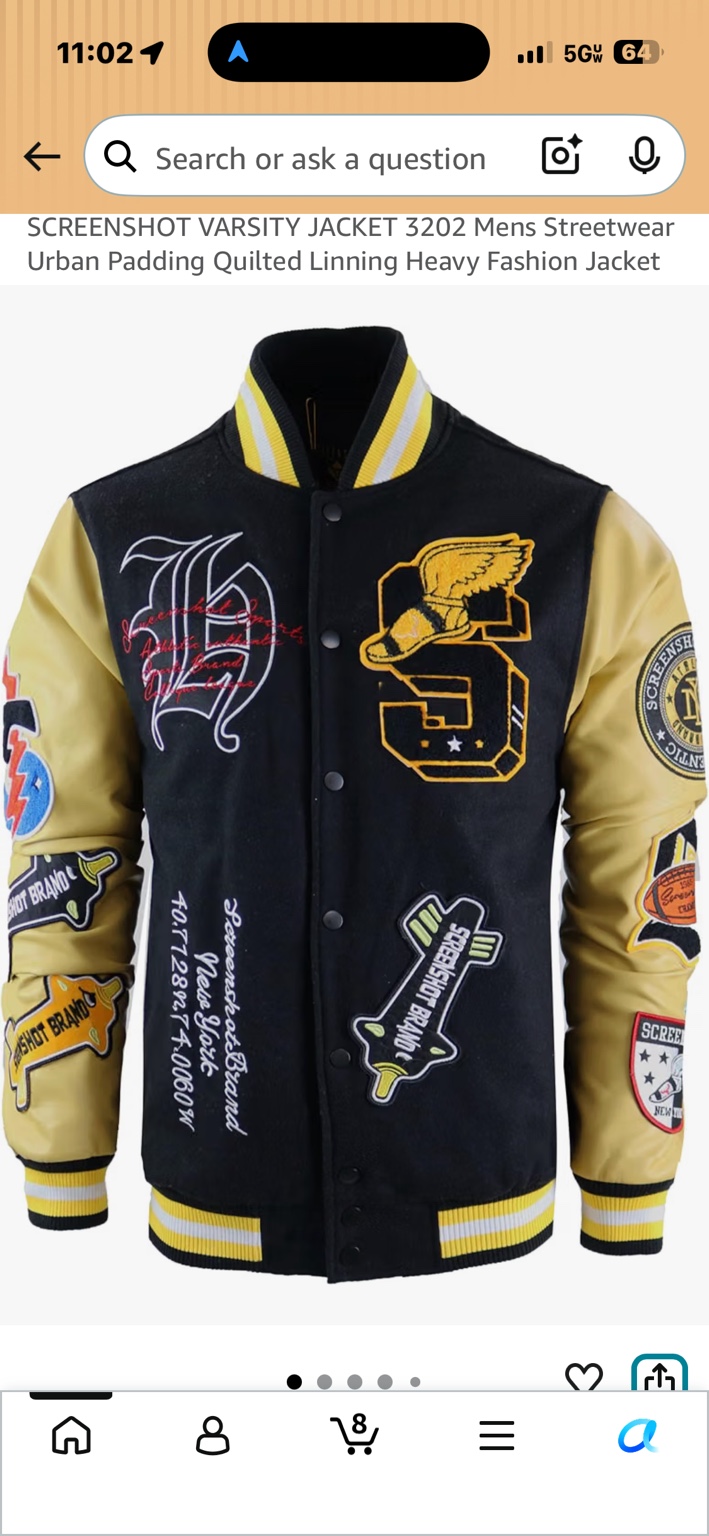Black SCREENSHOT varsity jacket with gold sleeves, embroidered patches and striped trim