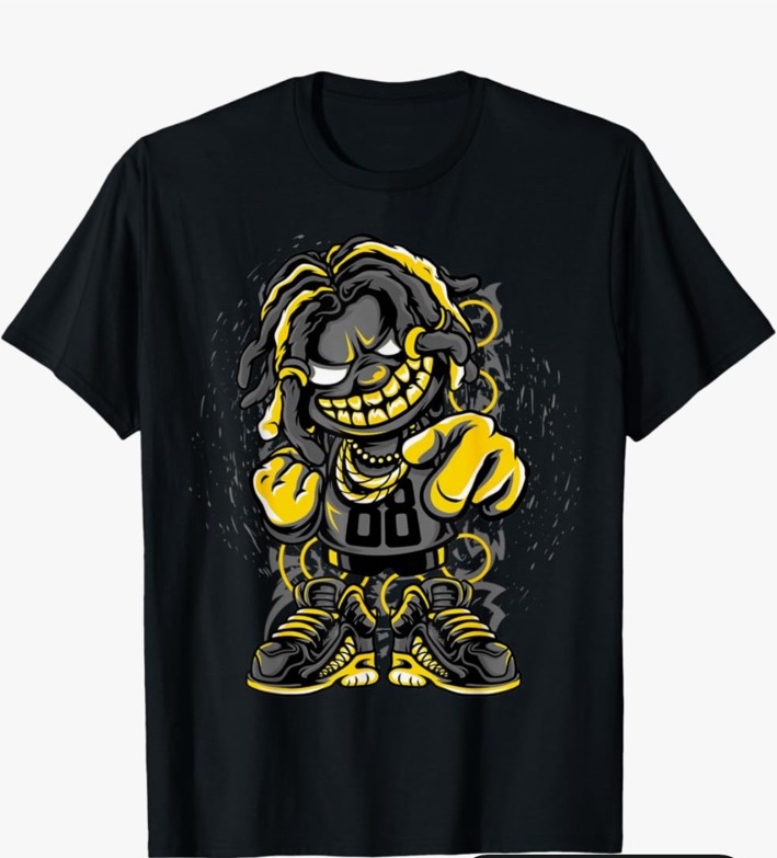 Black Street Dude graphic T-shirt with a yellow and gray cartoon character wearing chains and sneakers