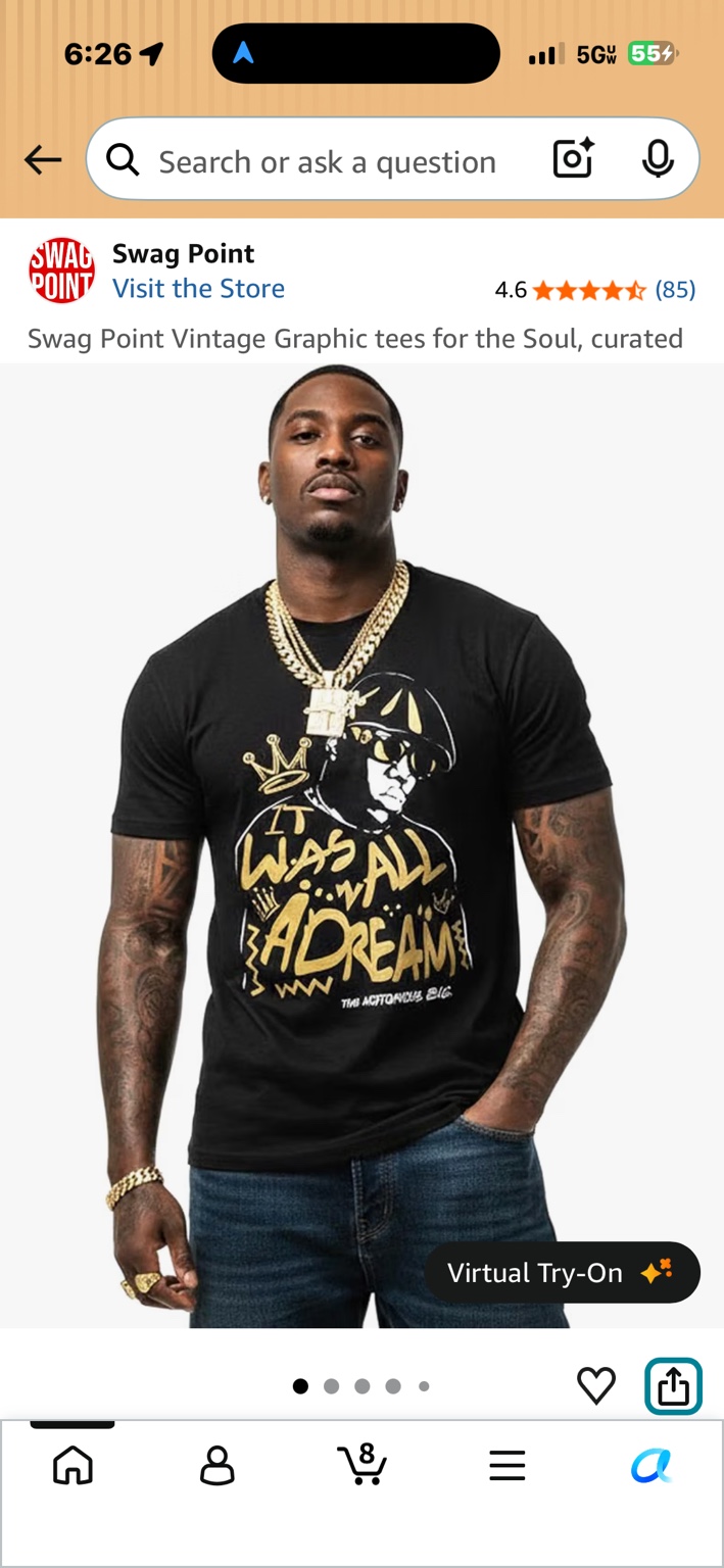 Swag Point black graphic T-shirt with gold It Was All a Dream lettering and a Biggie portrait
