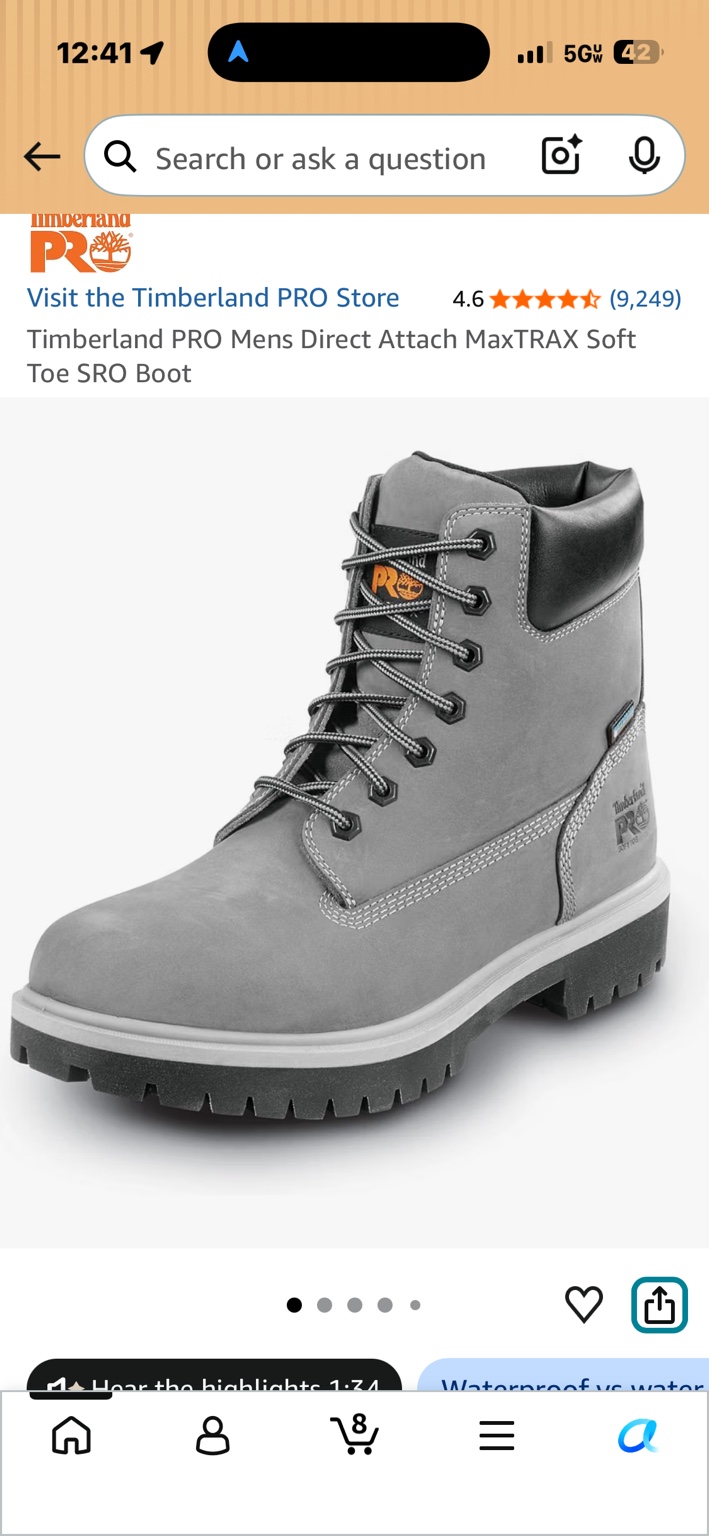 Gray Timberland PRO Direct Attach MaxTRAX soft toe work boot with black padded collar