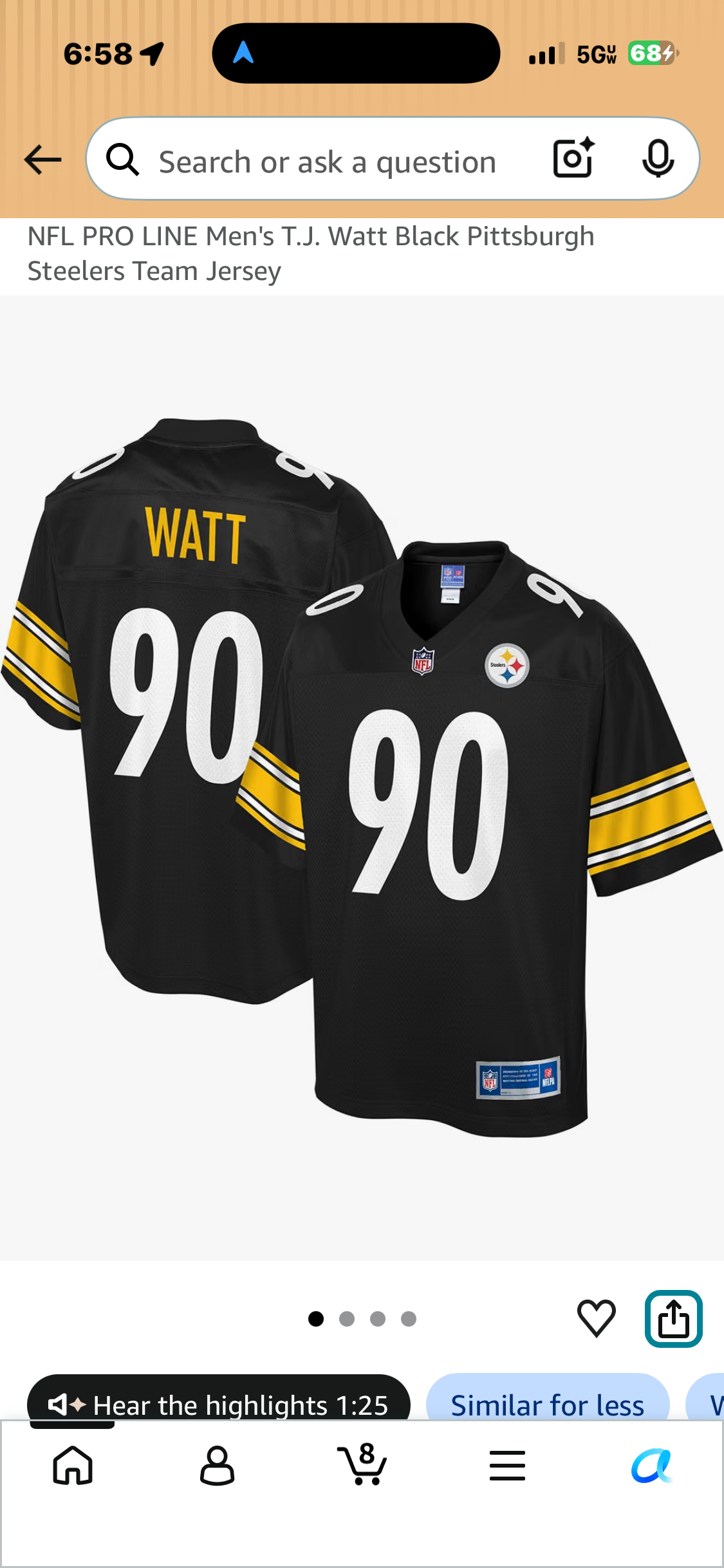 Front and back views of black NFL PRO LINE T.J. Watt Pittsburgh Steelers jersey with number 90 and gold and white sleeve stripes