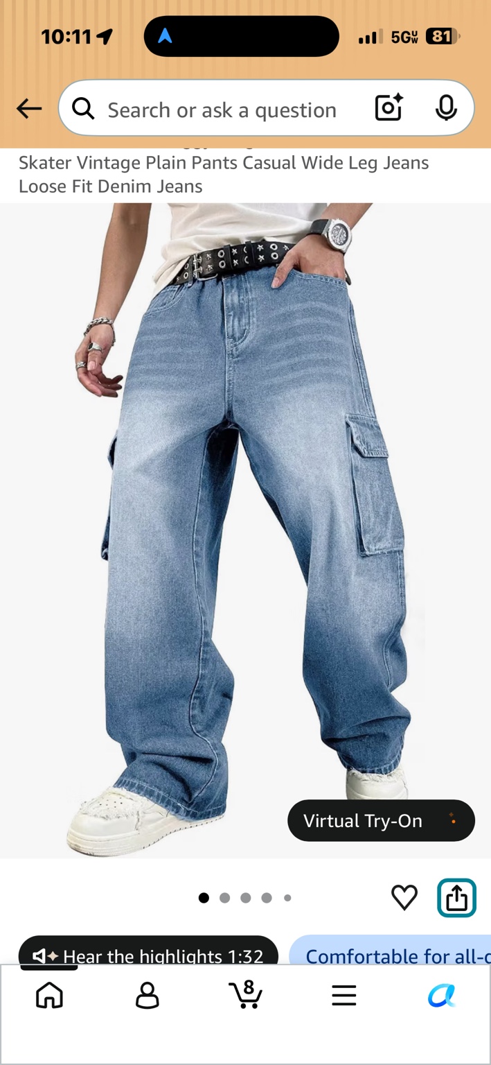 Blue loose-fit wide-leg cargo jeans with side pockets