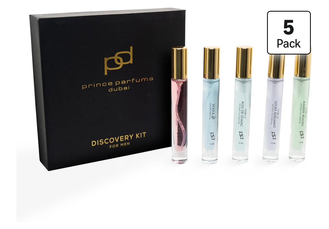 Prince Parfums Dubai men's discovery kit with five gold-capped fragrance sprays and a black presentation box